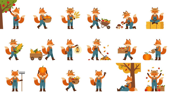 Cute Cartoon Fox Character Set Seasonal Farm Activities Illustration