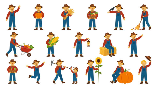 Cute Scarecrow Character Set for Autumn Farm Activities and Harvest Festival