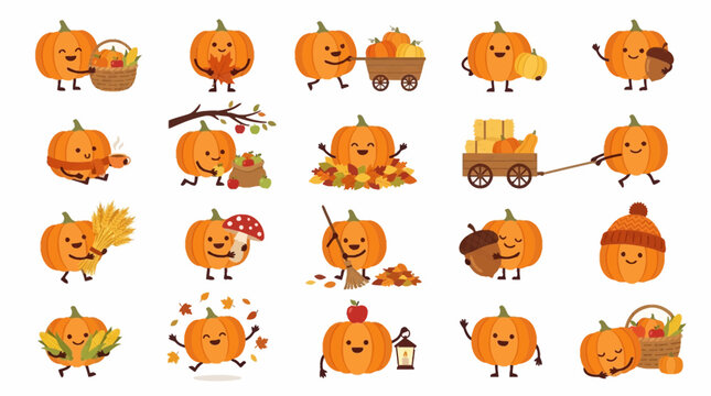 Cute Pumpkin Characters Set for Autumn Fall Harvest Season