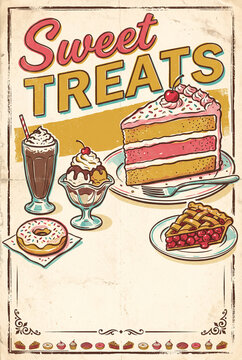 Retro vintage style dessert food menu print flyer poster template designs with cake, milkshake, ice cream, donut, and pie, vintage diner style, retro advertising design  with empty  copyspace
