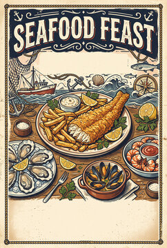 Retro vintage style restaurant Nostalgic seafood flyer poster template with fish and chips oysters mussels and shrimp in vintage nautical style with boat and ocean background for restaurant marketing