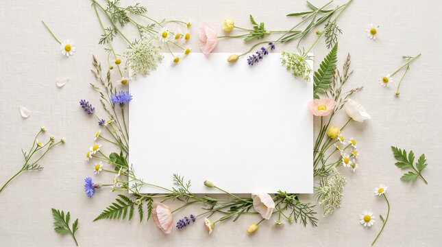wildflowers framing blank white paper sheet on light background flat lay