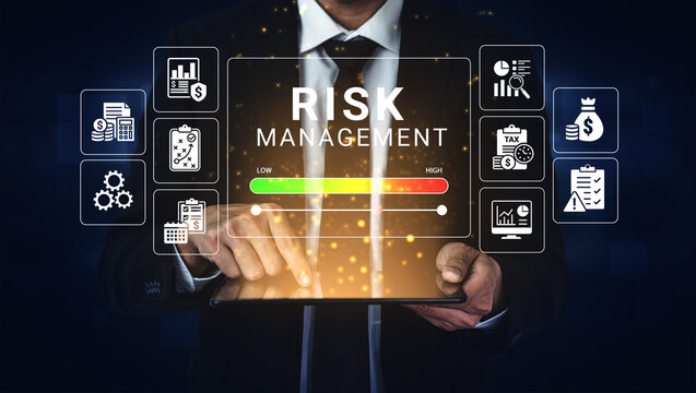 Business Professional in Suit Interacting with Digital Risk Management Interface for Financial Decision Making and Strategy Implementation. Glyphic.