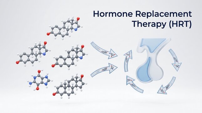 Hormone replacement therapy cycle with testosterone and estrogen molecular structures in a 3D medical diagram for endocrinology and health care