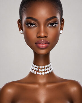 Vogue-style close-up portrait of a beautiful Black woman as a fashionable caricature.
