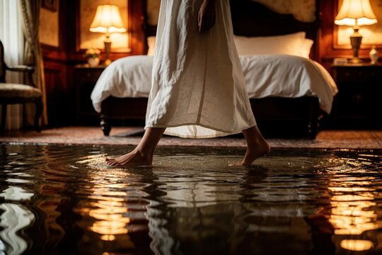 Person walks barefoot through a flooded bedroom reflecting warm lamp light. Ripples form on water surface inside cozy room. Peaceful atmosphere.