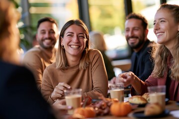 Naklejka na ściany i meble Colleagues enjoying autumn social event in office lounge with pastries and seasonal decor