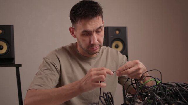 Focus on meticulous cable management in recording studio environment. Detailed image of audio technician systematically coiling cables with monitor speakers in backdrop