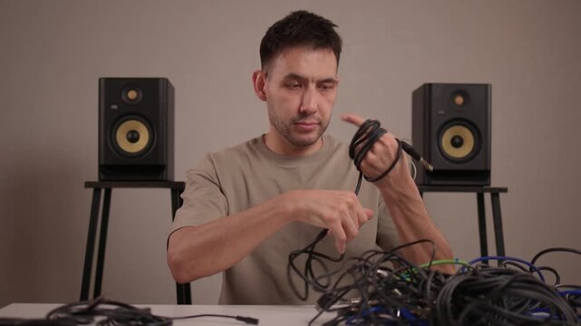Focus on meticulous cable management in recording studio environment. Detailed image of audio technician systematically coiling cables with monitor speakers in backdrop