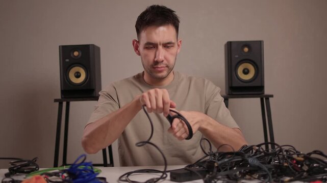 Focus on meticulous cable management in recording studio environment. Detailed image of audio technician systematically coiling cables with monitor speakers in backdrop