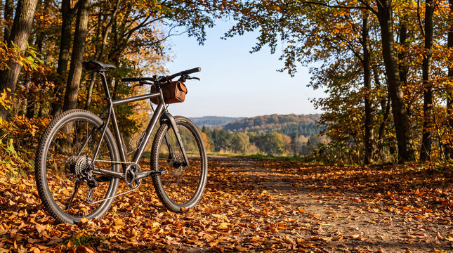 Gravel bicycle parked on a dirt path covered in fallen leaves during a beautiful sunny autumn day in the forest