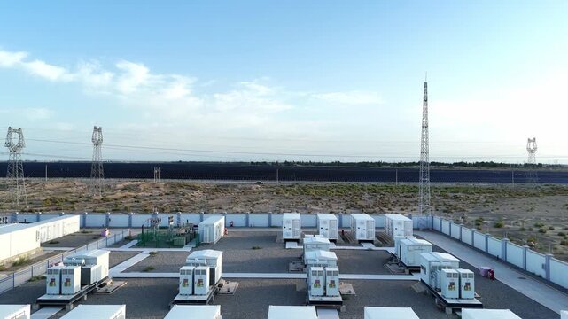 rows of energy storage battery containers in desert area