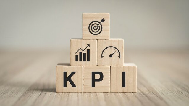 Wooden blocks stacked in a pyramid shape featuring black icons representing key performance indicators for business growth and strategic management