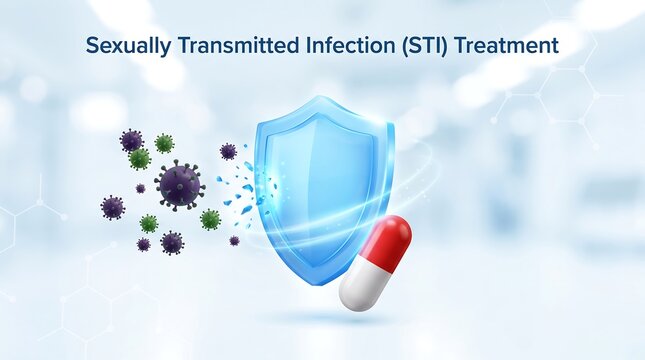 Sexually transmitted infection STI treatment concept with protective shield and medical pill against virus pathogens in professional 3D medical render