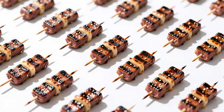 A repeating pattern of grilled meat skewers drizzled with dark sauce and topped toasted seeds and wrapped with onions on a white background.