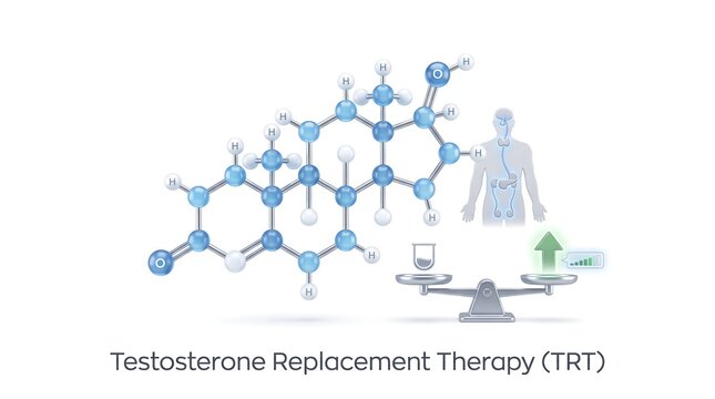Testosterone replacement therapy molecule diagram with human body silhouette and hormone level scale