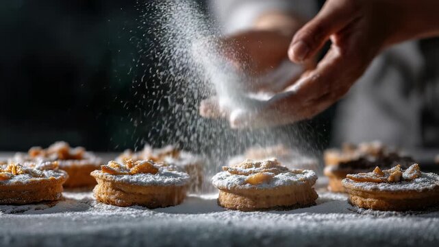 A baker&rsquo;s hands gently sprinkle powdered sugar over freshly baked pastries, creating a magical, festive atmosphere. The soft focus highlights the delicate texture and sweet details