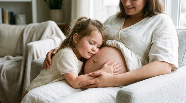 pregnant mother, mother and daughter, pregnancy, pregnant woman, pregnant belly, baby bump, young daughter, little girl, child hugging belly, hugging baby bump, touching belly, listening to belly, dau