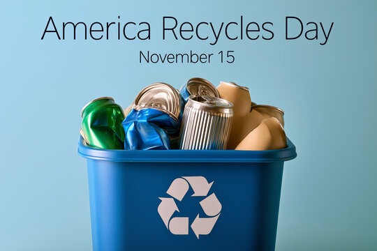 America Recycles Day Recycling Bin with Aluminum Cans. recycling containers filled with colorful aluminum cans and metal containers. America Recycles Day and November 15. recycling, waste reduction, c