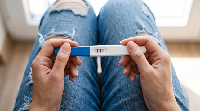 Woman holding a positive home pregnancy test with two visible result lines while sitting in ripped blue jeans, pregnancy test, positive result, early pregnancy, conception, family planning, reproducti