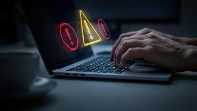 Cybersecurity expert typing on a laptop computer displaying glowing red and yellow danger warning signs in a dark office environment