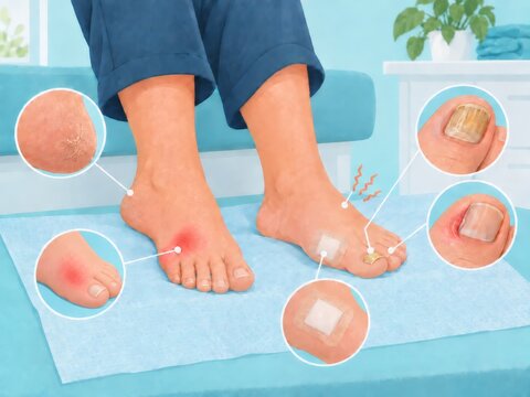 Close-up of feet with visual markers showing common foot problems such as dry skin, redness, nail issues, and small wounds. Useful for podiatry, diabetic foot care, foot health, skincare, medical prev