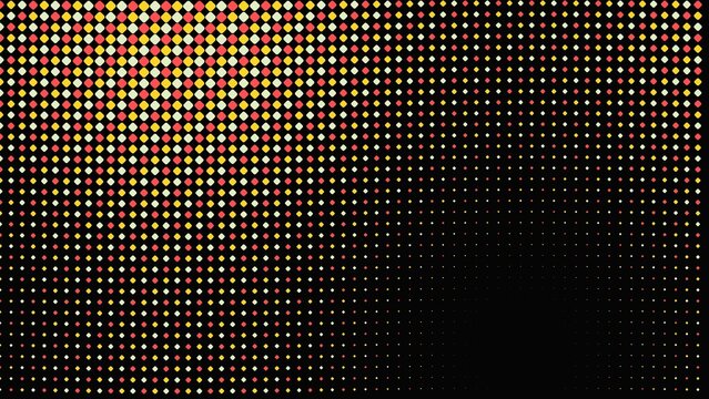 Abstract background, with a pattern, of small yellow, and red diamond, shapes, fading into, a solid black, area on the, right side of the