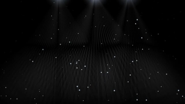 Abstract dark stage background with spotlight beams and floating particles