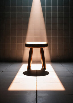Wooden stool in dark room. Minimalist background