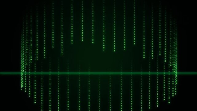 Digital binary code rain background with green glowing numbers