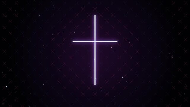 Glowing neon cross symbol on a dark starry background