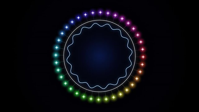 Abstract neon circle with glowing stars and wavy sound wave