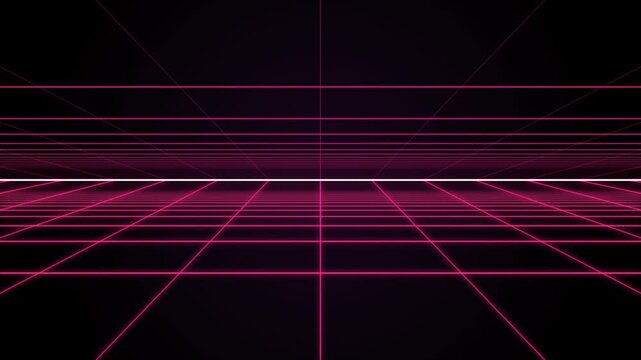 Retro 80s synthwave neon grid landscape with glowing pink lines