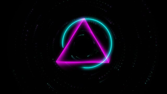 Neon triangle and circle shapes on a dark starry background