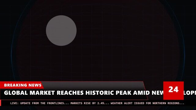 Broadcast breaking news graphic background featuring a digital film overlay with a dark red circular element for professional media presentations