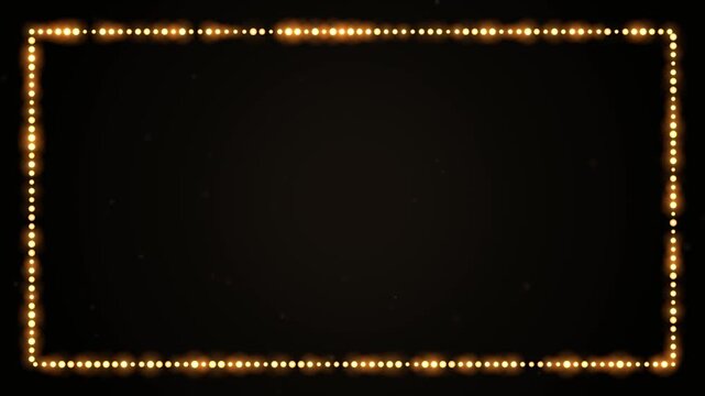 Glowing golden light bulbs frame on black background