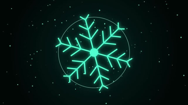 Glowing neon snowflake icon on dark background with particles
