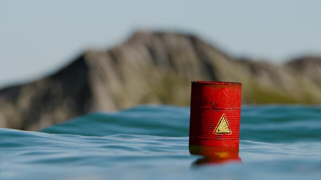 3d hazardous toxic barrel floating in ocean water, environmental catastrophe 