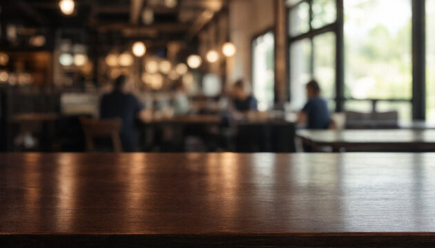 Empty dark wooden tabletop in front of a blurred restaurant interior with warm lighting