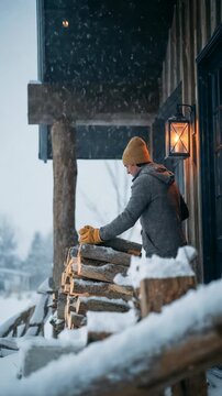A person in a warm jacket and hat stacks firewood on a snowy porch during a heavy winter snowfall. Cozy cabin lighting creates a peaceful and inviting winter atmosphere outdoors