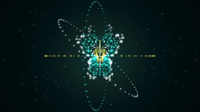 Abstract digital butterfly formed by glowing particles in dark space