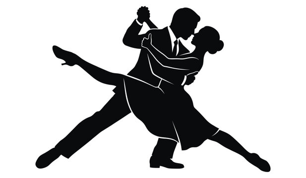 Elegant couple dancing tango silhouette in passionate embrace vector design