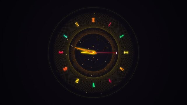 Abstract glowing clock face with roman numerals in dark space