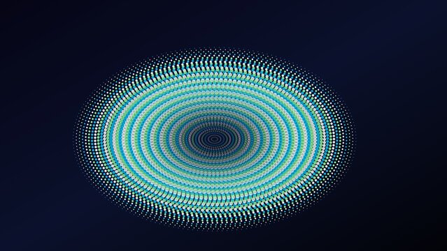 Abstract blue and green halftone oval vortex on a dark background, concentric dotted circles, radial pattern, digital