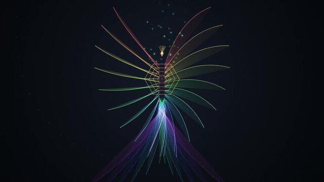 Abstract digital art featuring a glowing rainbow colored phoenix bird