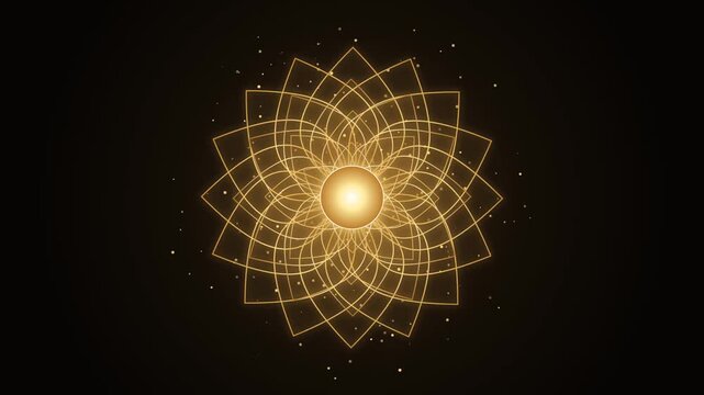 Golden glowing mandala flower pattern on black background
