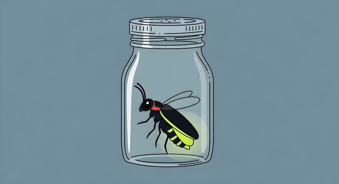 Cute trapped firefly insect in clear glass jar with glowing light effect, whimsical design concept