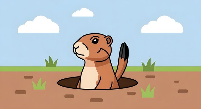 Cute cartoon groundhog emerging from burrow in cheerful outdoor scene, playful animal character for branding and marketing