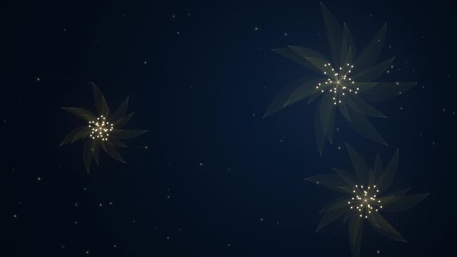 Abstract glowing floral shapes with light particles on dark blue background