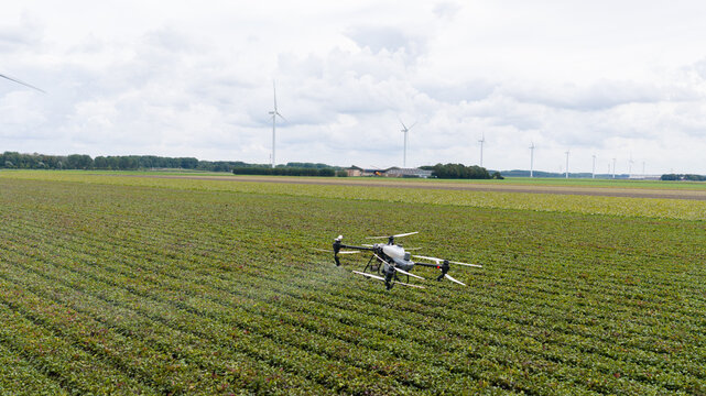 Aerial view of an agricultural drone spraying crops in a vast field with wind turbines in the background under a cloudy sky in Zeewolde, Flevoland, Netherlands.